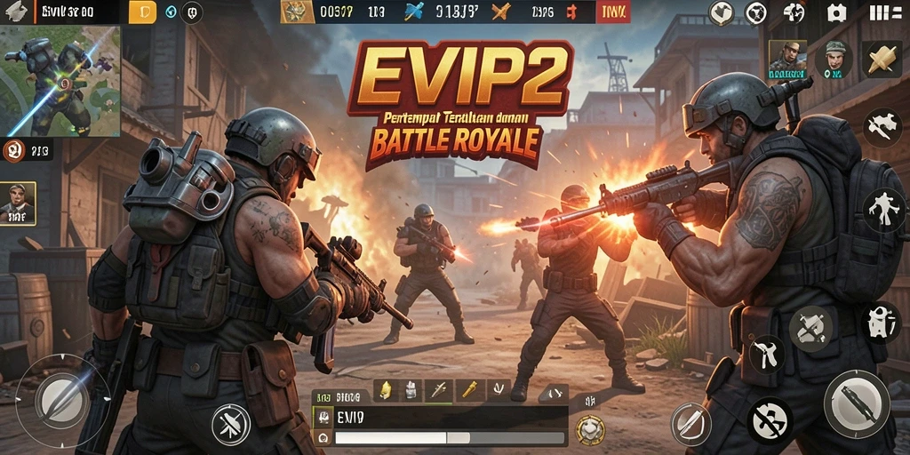 Screenshot gameplay EVIP2 dengan aksi mendebarkan Battle Royale.