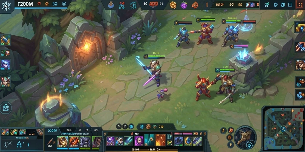 Layar utama gameplay F200M dengan aksi seru dalam pertarungan MOBA.