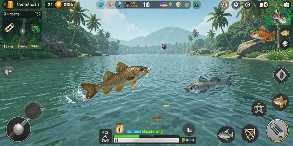 Gameplay F32 yang menampilkan aksi memancing seru dan interaksi dengan lingkungan.