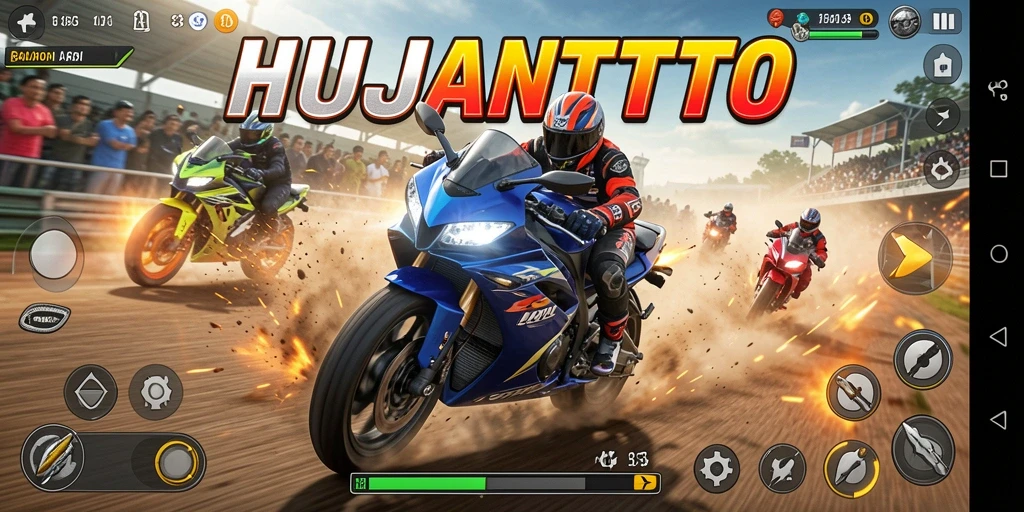 Tampilan utama gameplay HUJANTOTO dengan balapan motor intens.