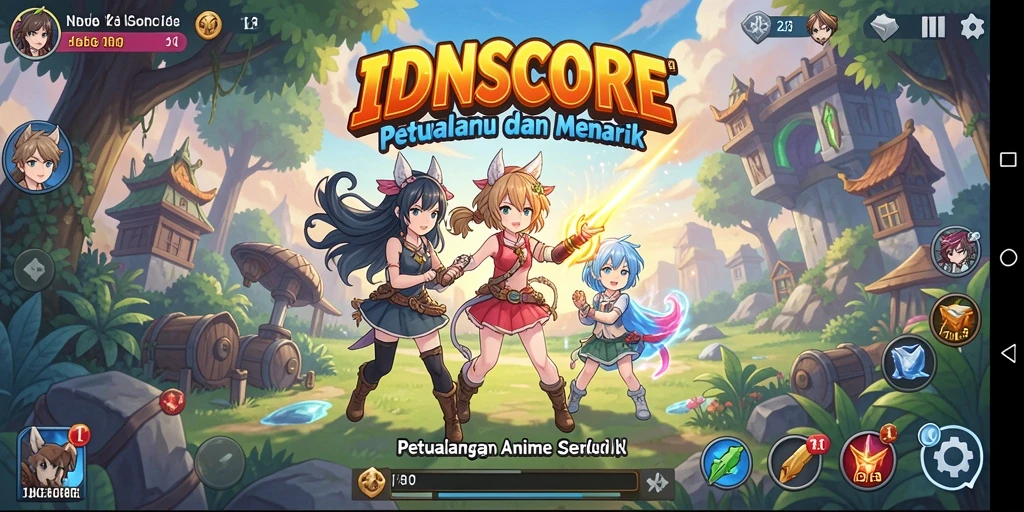 Screenshot gameplay IDNSCORE menampilkan aksi seru dengan karakter anime.