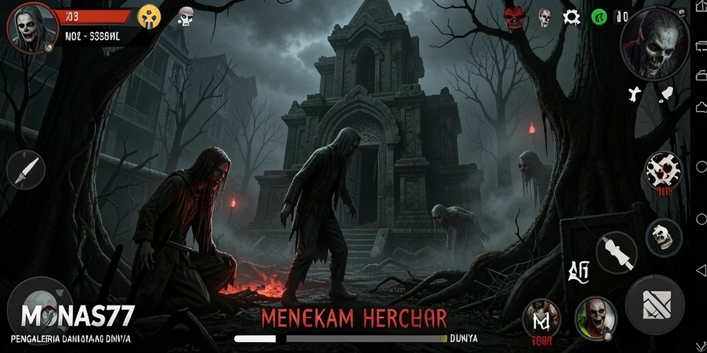 Tampilan gameplay MONAS77 menampilkan suasana Horror yang mencekam.