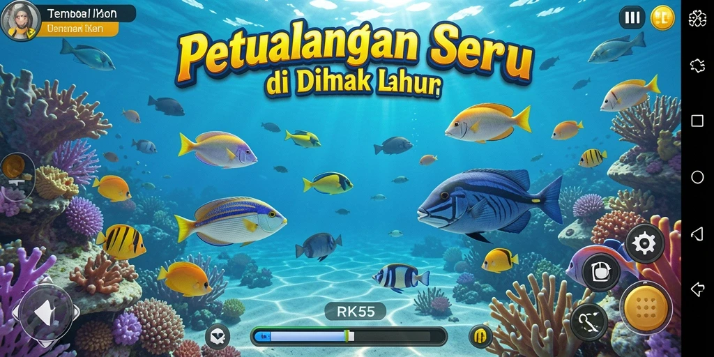 Screenshot RK55 menampilkan aksi seru menangkap ikan di bawah laut.