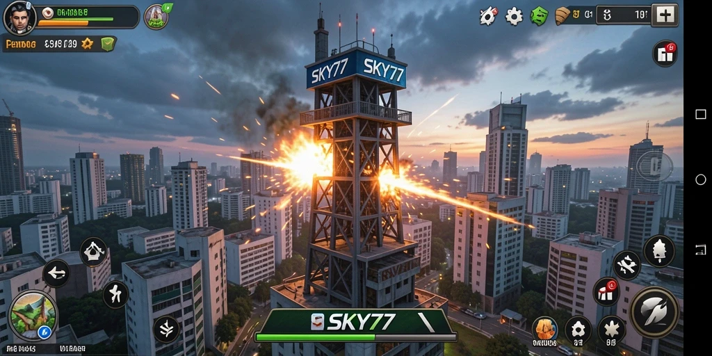 Tangkapan layar gameplay SKY77 menampilkan aksi menara pertahanan yang mendebarkan.